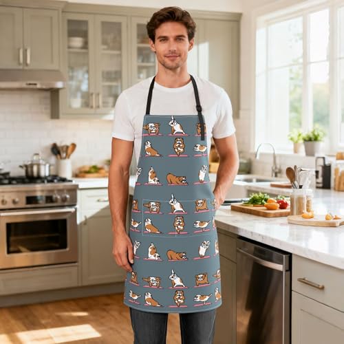 Dog or Paw Apron - 33" x 28" Large with 26" Waist Ties, Lightweight, with 2 Pockets for Your Cooking Essentials - style: English Bulldog Yoga
