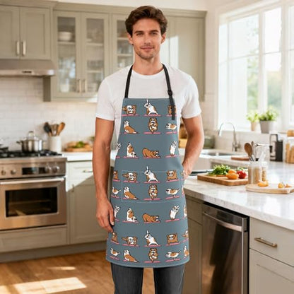 Dog or Paw Apron - 33" x 28" Large with 26" Waist Ties, Lightweight, with 2 Pockets for Your Cooking Essentials - style: English Bulldog Yoga