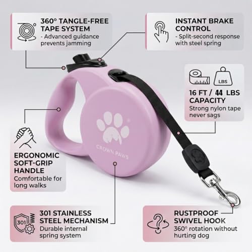 Chew Proof Retractable Dog Leash for Medium Dogs up to 44lbs, 16ft Heavy Duty Dog Lead with Anti-Chewing Steel Wire Rope, Tangle-Free, One-Hand Brake & Lock, Pink M - color: Pink, size: Medium
