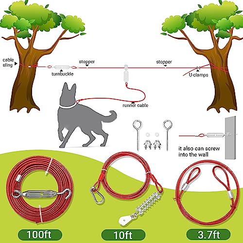 Dog Tie Out Cable - 100 ft Long Dog Cable with 10 ft Run Cable for Yard Training Running Camping Hiking Outdoor - Heavy Duty Chew Proof Lead Leash with Buffer Spring for Small Medium Large Dogs - color: Red