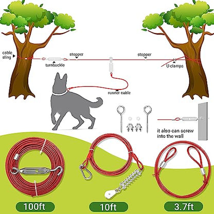 Dog Tie Out Cable - 100 ft Long Dog Cable with 10 ft Run Cable for Yard Training Running Camping Hiking Outdoor - Heavy Duty Chew Proof Lead Leash with Buffer Spring for Small Medium Large Dogs - color: Red