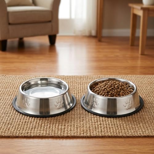 Dog Bowls, 18cm Rust-Proof Stainless Steel Dog Bowls with Non-Slip Rubber Base, Anti-Tip Metal Water Dish and Durable Mirror Polished Pet Feeding Bowl for Small Medium Puppies and Cats Meal Time
