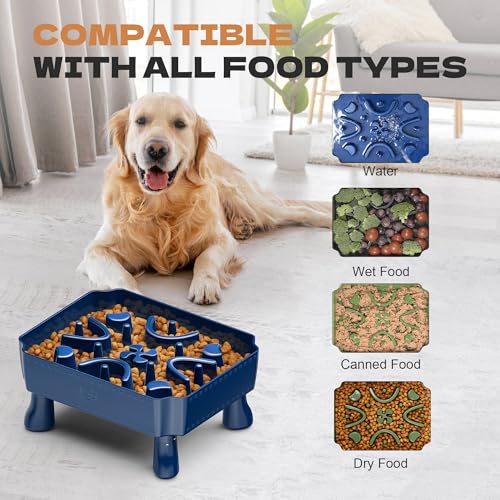 UPSKY Slow Feeder Dog Bowl, 2-in-1 Raised Dog Bowl with Anti-Choking Maze Puzzle, 2-6 Cups Pet Food for Small & Medium Breeds, Interactive Pet Feeder to Slow Eating, Reduce Boredom Blue