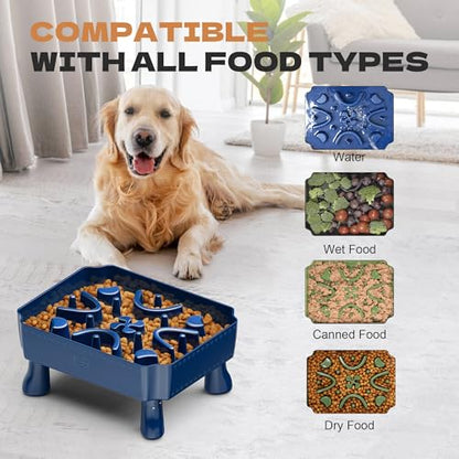 UPSKY Slow Feeder Dog Bowl, 2-in-1 Raised Dog Bowl with Anti-Choking Maze Puzzle, 2-6 Cups Pet Food for Small & Medium Breeds, Interactive Pet Feeder to Slow Eating, Reduce Boredom Blue