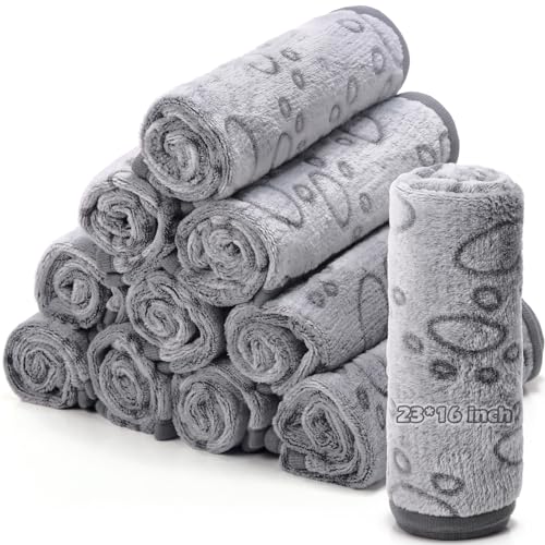 Tegeme 12 Pcs Pet Blankets 23 x 16 Inch Soft Fluffy Fleece Dog Cat Warm Paw Print Pattern Blankets Flannel Throw for Pets Dog Puppy Cat(Gray) - color: Gray, size: 23 x 16 Inch