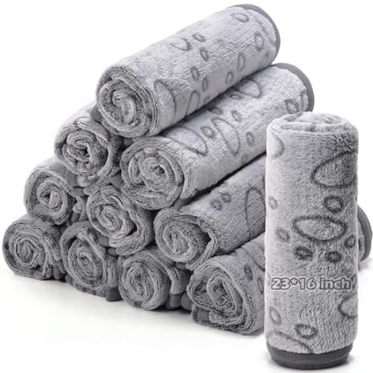 Tegeme 12 Pcs Pet Blankets 23 x 16 Inch Soft Fluffy Fleece Dog Cat Warm Paw Print Pattern Blankets Flannel Throw for Pets Dog Puppy Cat(Gray) - color: Gray, size: 23 x 16 Inch