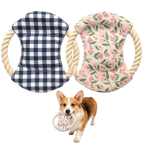 Dog Frisbees Cotton Rope Toys Flying Discs 2 Pack, Teething, Soft Polyester Squeaker Toy for Training,Throwing,Chewing and Interacting for Anti Boredom & Anxiety, Easy to Clean - color: blue pink