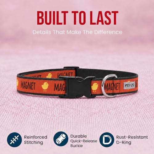 THE WORTHY DOG Spring Holiday Chick Magnet Dog Collar – Durable Nylon, Woven Ribbon, Quick-Release Buckle, Nickel D-Ring – Red, Small - color: Chick Magnet - Red, size: Small