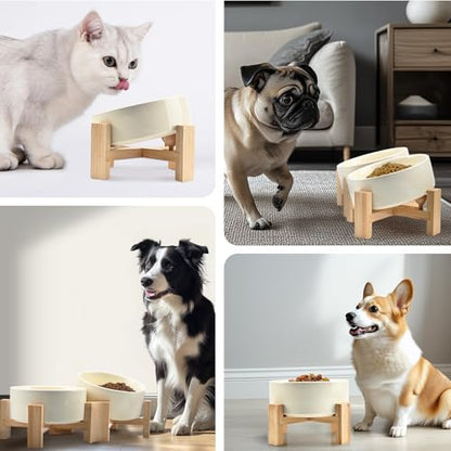 SPUNKYJUNKY 15° Slanted Ceramic Dog and Cat Bowl with Wooden Stand, Tilted Bulldog Food and Water Bowl No Slip Non-Spill for Cats Medium Dogs Big Face Pets 28.7 OZ (3.6 Cups, Beige × 2) - color: Beige, size: 3.6 CUPS × 2
