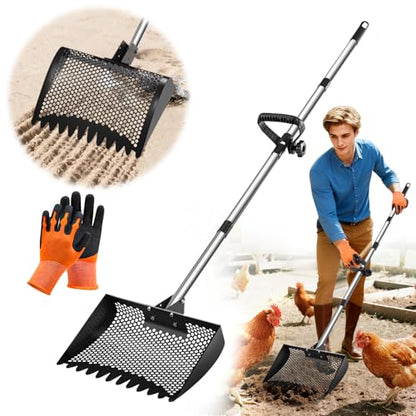 12inch Chicken Poop Scooper & Rake 2-in-1, Heavy Duty Metal Chicken Coop Scoop for Sand with Ergonomic Grip, Adjustable Angle Stainless Steel Chicken Coop Rake Litter Sifting Shovel (37-64") - color: Black