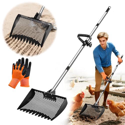 12inch Chicken Poop Scooper & Rake 2-in-1, Heavy Duty Metal Chicken Coop Scoop for Sand with Ergonomic Grip, Adjustable Angle Stainless Steel Chicken Coop Rake Litter Sifting Shovel (37-64") - color: Black