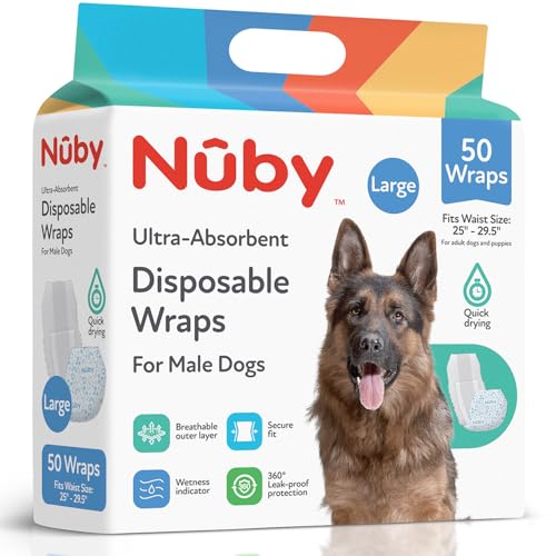 Nuby Pets Disposable Male Dog Wraps with Wetness Indicator, Absorbent & Leak-Resistant Belly Bands for Male Dogs, Large (25–29.5” Waist), 50 Count - size: L Waist 25 - 29.5 in