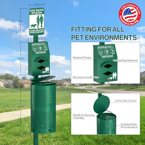 POCHAR Aluminum Dog Waste Station with 600 Waste Bags & 50 Can Liners | Rustproof Pet Poop Station Outdoor, Dog Park Equipment with Sign & Lid - Pet Poop Disposal System for Backyard - style: ‎Station with Bags