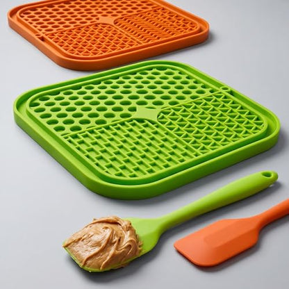 Dog Lick Mat 2-Pack (Orange & Green) with Spatulas – Silicone Licking Pads for Dogs & Cats, Peanut Butter Slow Feeder, Strong Suction, Anxiety Relief for Bath & Grooming, Dishwasher-Safe