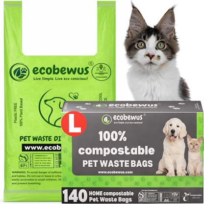 100% Compostable Pet Waste Disposal Bag (140 ct.) Plant-Based Cat Litter Poop Waste Pick-Up Bags with Handles Dog poop Bags Disposable Compost Food Scrap Liners (140 ct.)