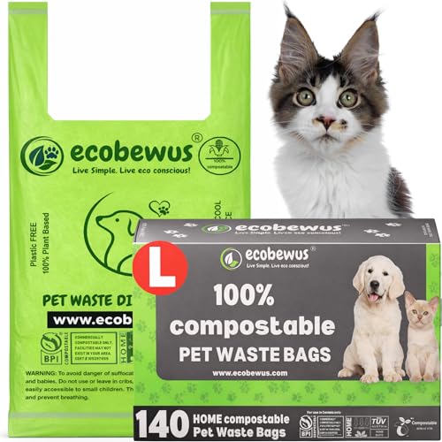 100% Compostable Pet Waste Disposal Bag (140 ct.) Plant-Based Cat Litter Poop Waste Pick-Up Bags with Handles Dog poop Bags Disposable Compost Food Scrap Liners (140 ct.)