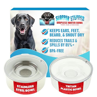 Slopper Stopper Stainless Steel Dripless Water Bowl with Tritan Plastic Lid – Holds 1 Gal, Reduces Spills & Trails Up to 85%+, Water Bowl for Large Breed Dogs (51-85 lbs), The Original Slobber Stopper - size: 51-85 Lbs Large, style: Stainless Steel