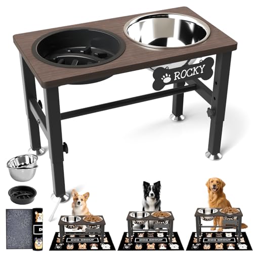 SHAINFUN Elevated Dog Bowls with Slow Feeder & Mat for Medium Large Dogs, Adjustable Height, Raised Dog Bowl Stand with 2 Stainless Steel 58oz Bowls, Tall Dogs Food Water Bowl Wooden & Metal Holder - color: Coffee-1.7L