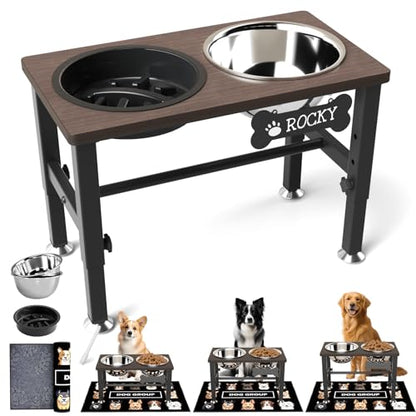 SHAINFUN Elevated Dog Bowls with Slow Feeder & Mat for Medium Large Dogs, Adjustable Height, Raised Dog Bowl Stand with 2 Stainless Steel 58oz Bowls, Tall Dogs Food Water Bowl Wooden & Metal Holder - color: Coffee-1.7L