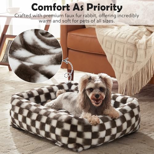 JOEJOY Large Dog Beds Large Sized Dog, Removable Washable Cover Orthopedic Soft Faux Rabbit Fur Pet Bed, Anti-Slip Fluffy Plush Faux Rabbit Fur Puppy Bed, 36"x27"x8", Checkered, Brown - color: Brown, size: L (36"x27"x8")