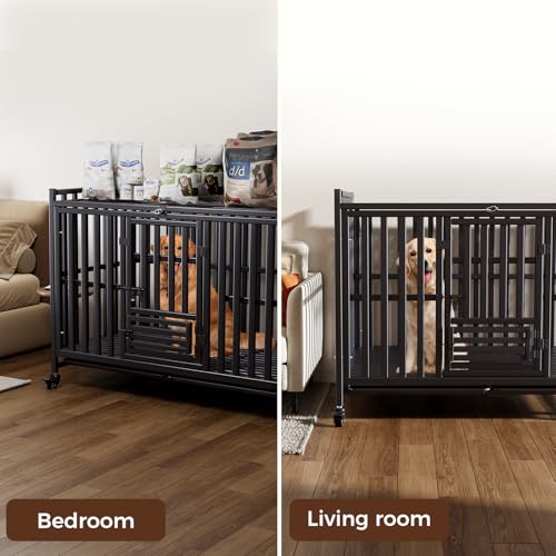 Heavy Duty Dog Crate, Escape-Proof Indestructible Cage for High-Anxiety Dogs, 3-Door Kennel with 4 Lockable Wheels and 2 Removable Trays Ideal for Large & Medium Breeds (49in) - size: 49.0"L x 29.2"W x 37.0"H