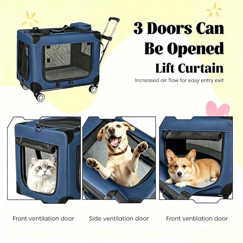 2-in-1 Pet Carrier with Detachable Rolling Base, Foldable Soft Sided Dog Crate for Small Medium Dogs & Cats, Pet Travel Carrier with 360° Spinner Wheels, Breathable Mesh Kennel, Up to 40 lbs, Blue