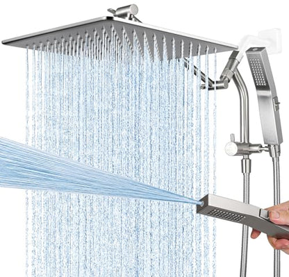 G-Promise All Metal 12 Inch Rain Shower Head with Power Wash Mode Handheld Spray Combo, Pause Setting 3-way Diverter, Full Body Coverage Waterfall Showerhead, Luxury Bathroom Upgrade (Brushed Nickel) - color: Brushed Nickel, size: 12 Inches