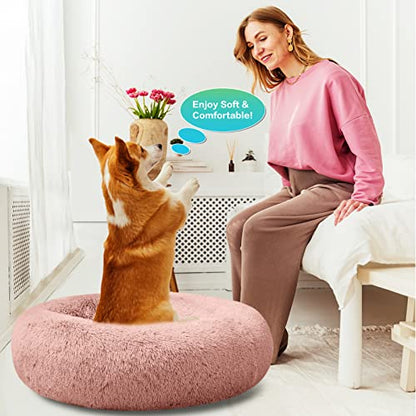SAVFOX 36 inches Calming Donut Dog Bed - 3X Durable Plush Faux Fur, Machine Washable & Non-Slip, Fits up to 100 lbs, Pink - color: Pink, size: Large | 36"x36"