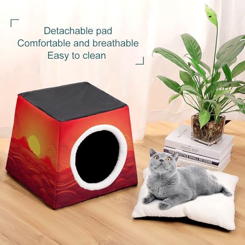 Collapsible Soft Dog Crate Pet Kennel Houses Red Sunrise Printed Lightweight Travel Crate Kennel Indoor & Outdoor, 13.8"x13.8"x11.8"