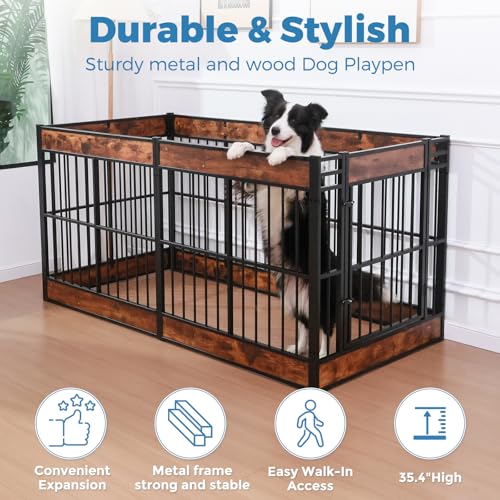 Dog Playpen, 35.4" Height Dog Pen Indoor, Heavy Duty, Safe and Sturdy, Furniture Style Puppy Pen - color: Rustic Brown, style: 6 Panels (35.4" High)