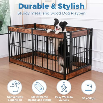 Dog Playpen, 35.4" Height Dog Pen Indoor, Heavy Duty, Safe and Sturdy, Furniture Style Puppy Pen - color: Rustic Brown, style: 6 Panels (35.4" High)