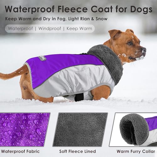 Petglad Dog Coat, Waterproof Ripstop Dog Winter Jacket with Leash Hole, Reflective Adjustable Warm Pet Fleece Snow Sweater for Small Medium Large Dogs - Purple, 3XL - color: Purple, size: 3XL