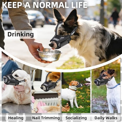PUPTECK Dog Muzzle, Soft Adjustable Loop Reflective Pets Muzzle Prevent Biting Barking Chewing, Breathable Muzzle with Air Mesh Dog Mouth Guard Drinkable for Large Medium Small Sized D, Black Plaid, S - color: Black, size: S (Snout Cir: 4.7"-5.9")