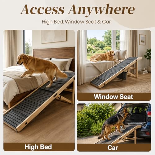 Extra Large Dog Ramp 63‘’L for High Bed, Couch & SUV – 200 Lb Heavy Duty Solid Wood Pet Ramp, 6 Adjustable Height – Portable Stable Non-Slip Steps for Medium to XL Dogs - color: 63"l Large
