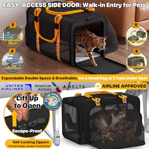 PAWZIDEA Expandable Pet Carrier with Wheels, 18"x11"x11" TSA Airline Approved Cat Carrier for 2 Cats Under Seat, Collapsible Soft-Sided Small Dog Rolling Travel Bag with Telescopic Handle, Up to 18lbs - color: Black Warrior-Wheels