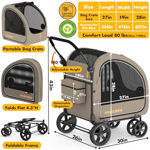 PAWZIDEA 3-in-1 Large Dog Stroller with Detachable Carrier up 100lbs, Foldable Dog Crate for Car Travel, All-Terrain Pet Stroller for 2 Medium Dogs, Jogger Wheels, Adjustable Handle, Stroage Organizer - color: Khaki Plaid