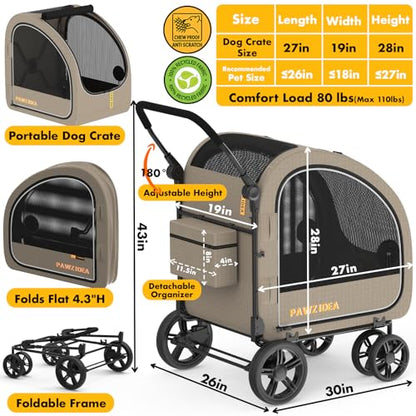 PAWZIDEA 3-in-1 Large Dog Stroller with Detachable Carrier up 100lbs, Foldable Dog Crate for Car Travel, All-Terrain Pet Stroller for 2 Medium Dogs, Jogger Wheels, Adjustable Handle, Stroage Organizer - color: Khaki Plaid
