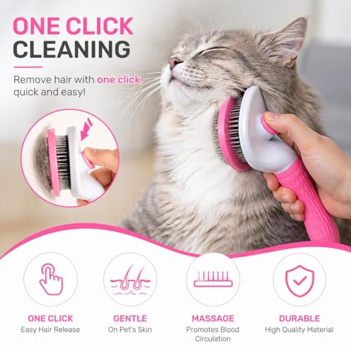 Pet Grooming Deshedding Brush, Self-Cleaning Massaging Brush for Dogs and Cats, Short and Long Hair (Pink) - color: Pink