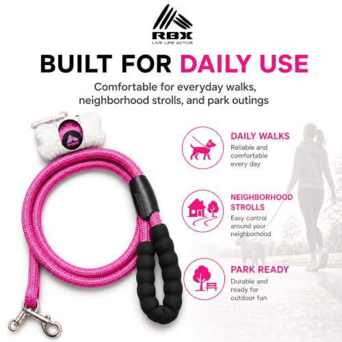 RBX Rope Dog Leash Set, 5 ft Padded Handle Leash for Small/Medium Dogs with 360° Swivel Clip, Poop Bag Dispenser, 20 Waste Bags, Durable Walking Lead for Daily Use - color: Pink