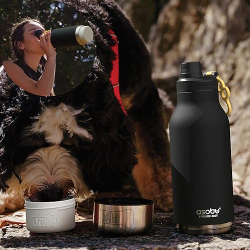 asobu Dog Barky Bottle - 음식, 간식 및 물을 위한 탈착식 강아지 그릇 2개가 있는 단열 스테인리스 스틸 물병 - 하이킹, 도로 여행 및 야외 모험을 위한 반려동물 친화적인 여행용 병 - color: 블랙.
