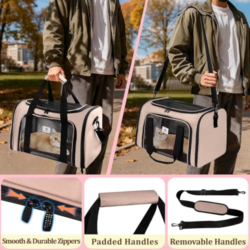 Cat Carrier - Cat Carrier Soft with Plush Pad & Cooling Mat, Easy-Load 4-Side Zipper & 3-Side Mesh Ventilation, Pet Carrier Airline Approved for Cats/Dogs Up to 16 lbs, Brown - color: Brown