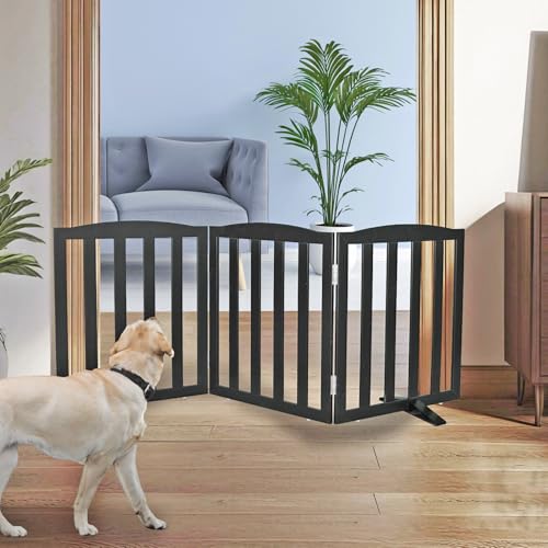 Freestanding Dog Gate Indoor,Doggie Gate Foldable Pet Gates for Doorways,Stairs or Hallways, Wooden Black Pet Gate for the House, Pet Fence with Support Feet Included,24 "Height-3 Panels - color: Black, size: 【3 Panels】60‘’w x 24''h