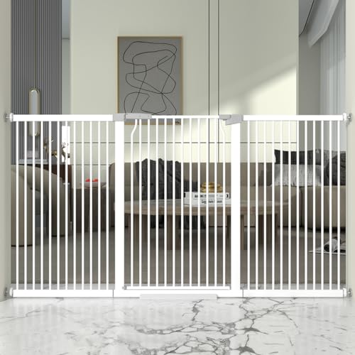 41" Extra Tall and Wide Baby Gate, 74.2-76.7'' Wide Pet Cat Gate for Doorway, Extra Wide Pressure Mounted Child Door with Expansion Kit, Metal Safe Gate, Tall Dog Gate, White - size: 74.2-76.7''W