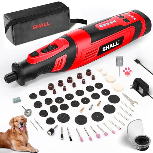 SHALL 8V Cordless Rotary Tool Kit, Lightweight 2.5 Ah Battery Rechargeable Dog Nail Grinder w/ 122 Accessories, 5-Speed Power Rotary Tool for Sanding, Carving, Polishing, Engraving, Pet Grooming - color: Red