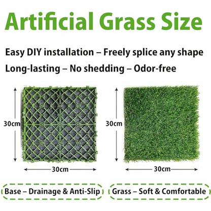 Interlocking Artificial Grass Tiles Self Draining Fake Turf Squares for Patio Balcony Outdoor Flooring Dog Potty Mat Indoor Deck Garden Green 12pcs - size: 12pcs