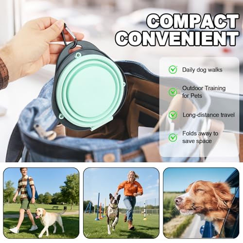 2-in-1 Green Collapsible Dog Bowls with Carabiner | Foldable Water Bowl(320ml) Foldable Slow Food Bowl(130g) for Dogs Cats Travel Hiking Camping - color: Green