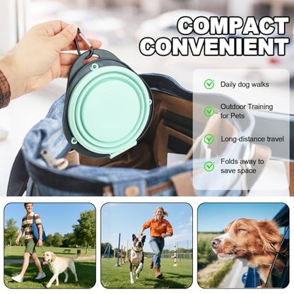 2-in-1 Green Collapsible Dog Bowls with Carabiner | Foldable Water Bowl(320ml) Foldable Slow Food Bowl(130g) for Dogs Cats Travel Hiking Camping - color: Green