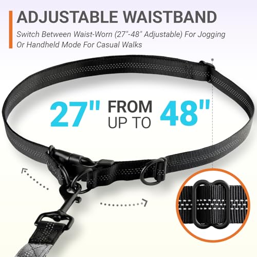 Hands-Free Bungee Dog Leash for Running Walking Small Medium Dogs | 4-6ft length, 28-47in adjustable waist belt, 2 reinforced handles, shock absorbing, reflective anti-pull, grey handles - color: Grey