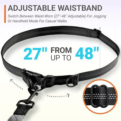 Hands-Free Bungee Dog Leash for Running Walking Small Medium Dogs | 4-6ft length, 28-47in adjustable waist belt, 2 reinforced handles, shock absorbing, reflective anti-pull, grey handles - color: Grey