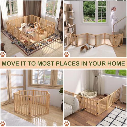 Wooden Freestanding Pet Gate Indoor, Nature Wood Dog Gates for Doorways, No-Painted Pet Fence for Stairs, 23" Height-6 Panels - size: 【6 Panels】H:23''